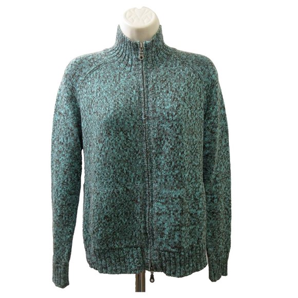 Two Dog Island Sweater Sz Small Mock Neck Full Zip Cotton Fleck Blue Black Knit - Picture 2 of 9